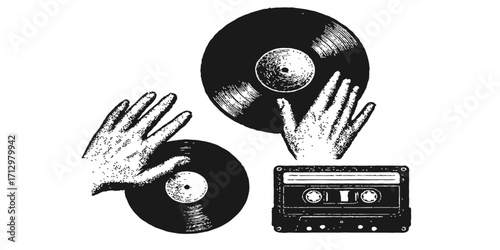 Retro music technology, an isolated old audio cassette tape with vintage plastic and a blank sticker