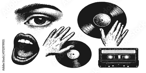 Retro cassette and vinyl records illustrate classic music entertainment, perfect for any DJ or disco party