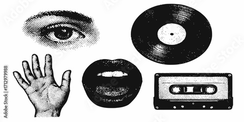 A vinyl record with a happy alien face wearing headphones, a funny music symbol illustration