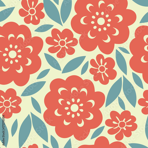 Retro peony floral pattern with cream and coral flowers on a colors background.
