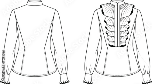 Elegant women’s blouse fashion flat sketch with ruffled front placket, long sleeves, gathered cuffs, princess seams, technical garment design illustration