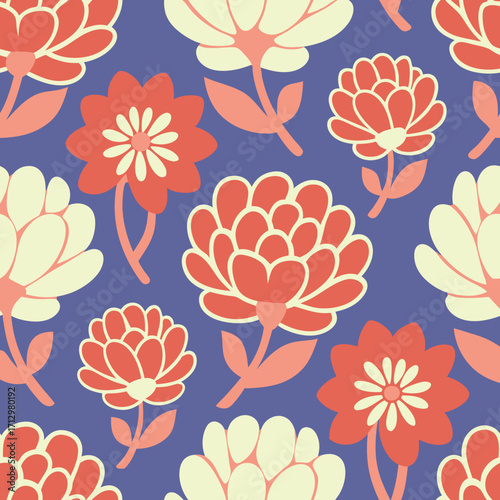Retro peony floral pattern with cream and coral flowers on a colors background.