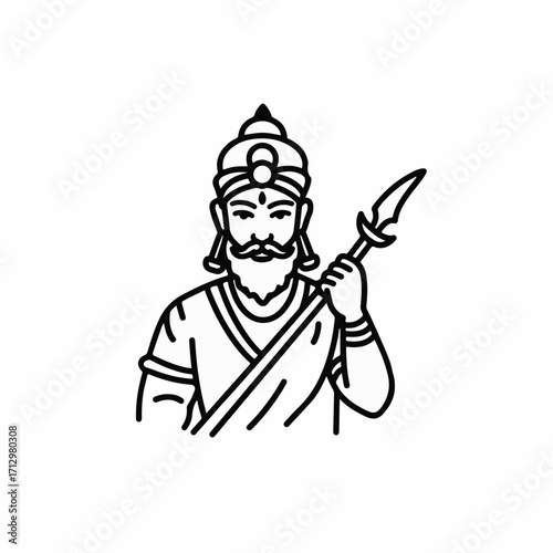 Regal warrior with spear and ornate headdress, depicted in a bold line art style