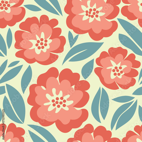 Retro peony floral pattern with cream and coral flowers on a colors background.