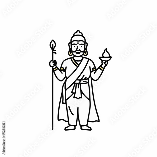 Traditional Indian deity illustration holding a staff and a lamp, conveying spiritual presence and cultural heritage.