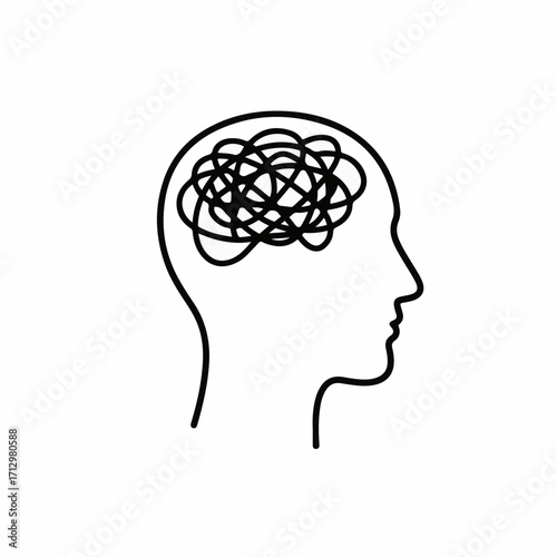 Symbol of a confused mind with tangled thoughts inside a human head outline