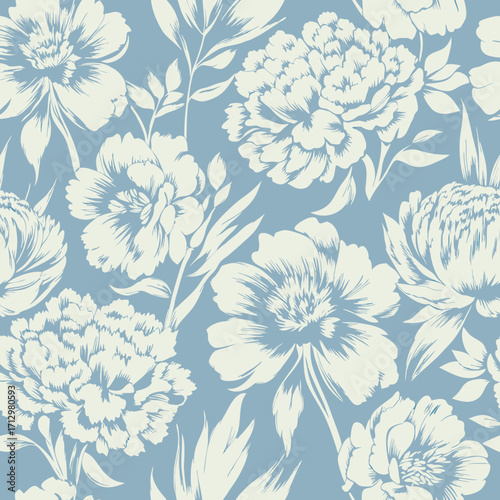 Soft blue background with a delicate and painterly floral pattern of white peonies