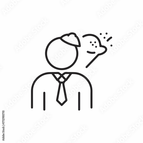 Person wearing a hat, with a speech bubble showing scattered dots, representing thoughts or ideas.