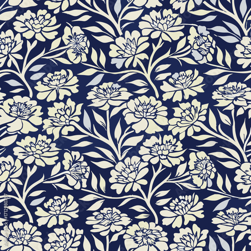 A repeating floral pattern, Vector illustration on a deep navy blue background. 