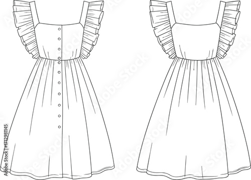 Technical fashion flat sketch of sleeveless ruffle strap dress with square neckline, button front skirt, gathered waist, front and back views
