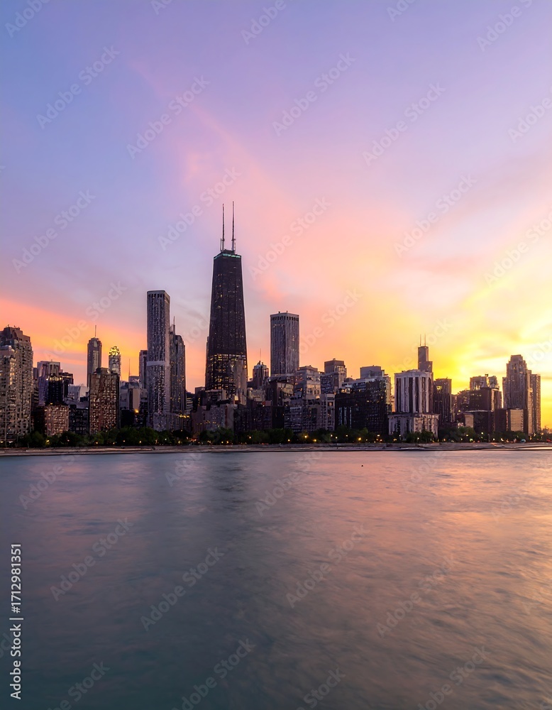 Obraz premium Chicago skyline at sunset over Lake Michigan