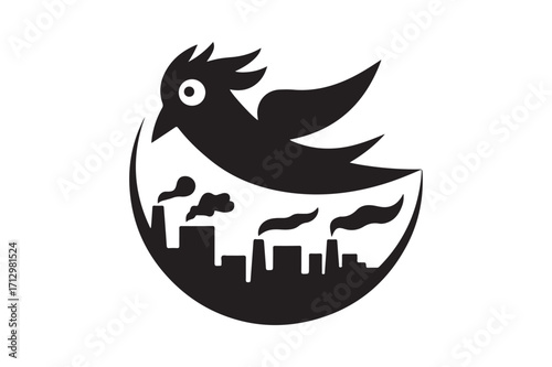 Bird emerging from polluted cityscape egg symbolizing hope