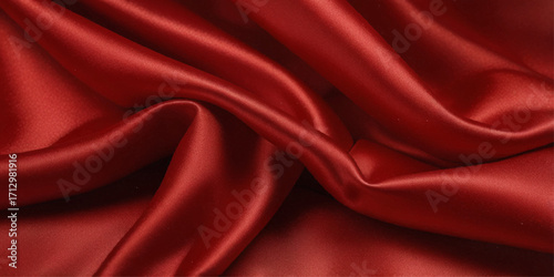 Luxurious close-up of a deep red satin fabric. A close-up view of a rich, deep red satin fabric, showcasing its smooth, flowing texture.
