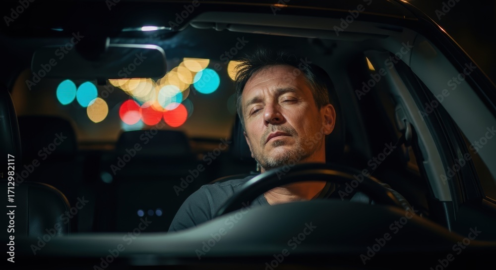 Obraz premium A man asleep at the wheel of a car at night with blurred city lights visible through the windshield