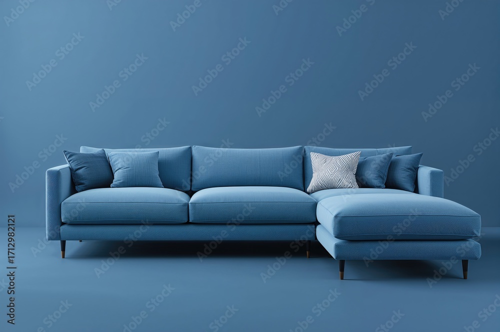 Fototapeta premium Cozy sectional couch with cushions in a stylish living space featuring vibrant blue upholstery and modern decor