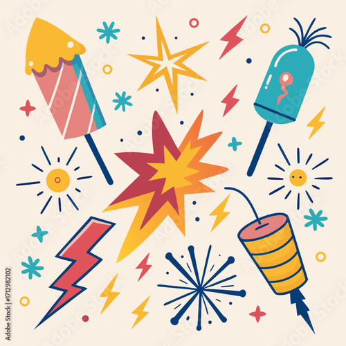 Colorful cartoon fireworks and explosions celebration pattern