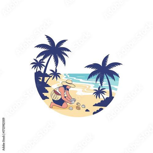 A person wearing a hat and a bag is collecting shells on a sandy beach with palm trees and the ocean in the background.