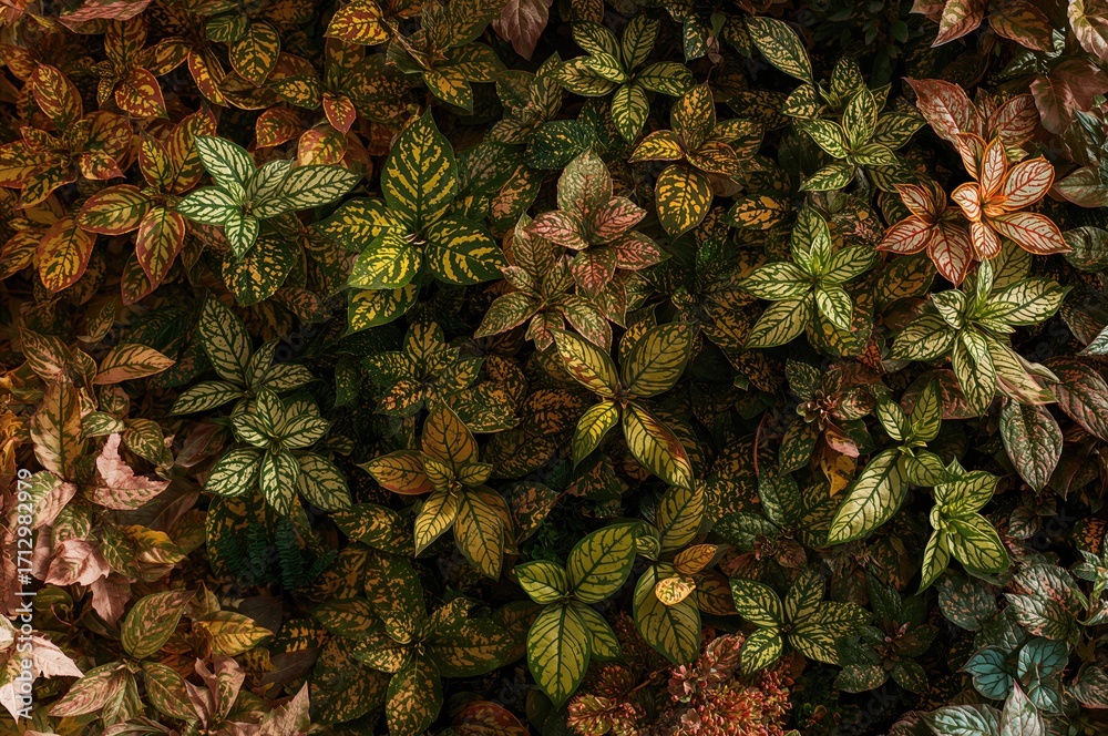 Fototapeta premium Bright and lively leaves showcasing various shades of green and deep hues adorned with detailed designs.