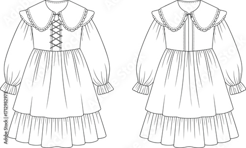 Elegant vintage Lolita dress fashion flat sketch with scalloped collar, lace‑up bodice, puff sleeves, tiered skirt, front and back views