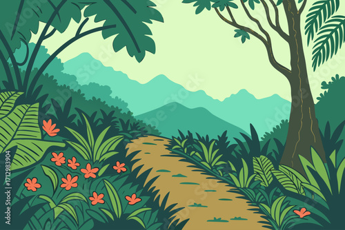 a vibrant jungle path winds through lush tropical foliage towards distant mountains under a bright sky