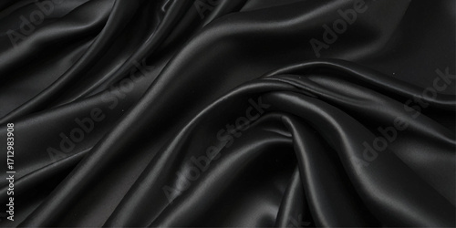 Luxurious black smooth silk or satin texture background. Black silk wave and curve background.	
