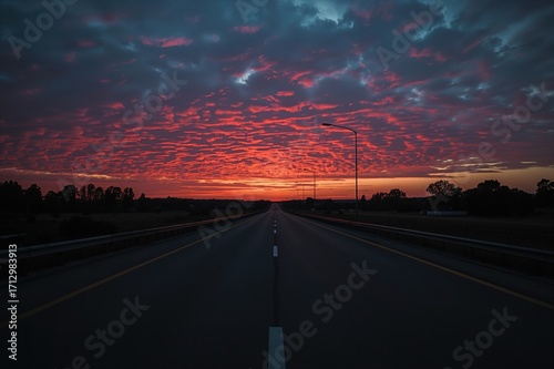 Vibrant sunset over a long,...