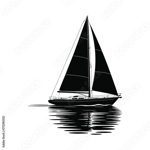 Elegant Sailboat Silhouette Illustration Gliding on Water with Detailed Reflection Effect