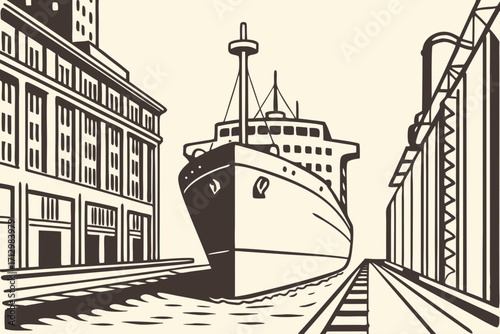 front view of a large ship entering a dry dock or canal with industrial buildings on either side