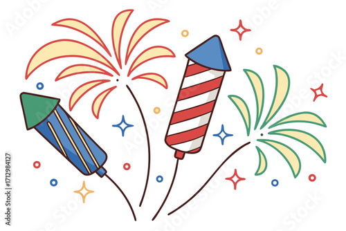 a group of colorful firecrackers and fireworks isolated on white background, a cheerful vector illustration for festive designs
