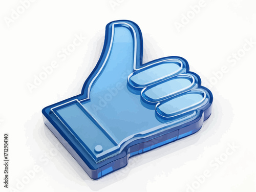 A blue thumbs up symbol with a translucent and layered design is displayed on a white background