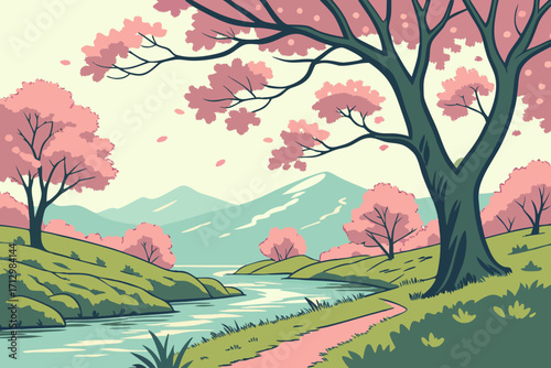 a picturesque spring scene featuring colorful trees, blooming flowers, a serene river, and distant mountains under a clear blue sky