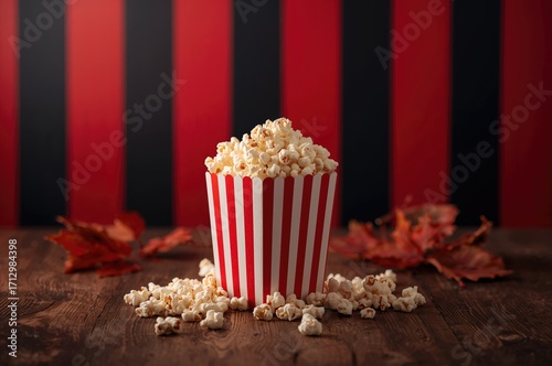 Popcorn in a striped contai...