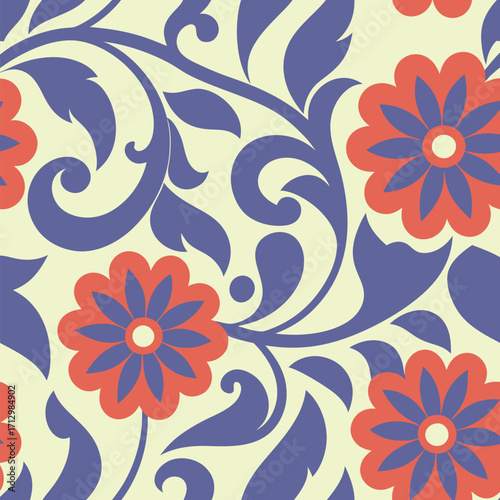 Vibrant floral pattern with red flowers and blue background.A repeating pattern featuring stylized red flowers.
