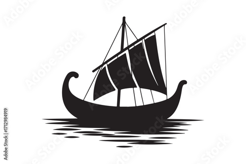 Silhouette of a viking longship with sails on the water