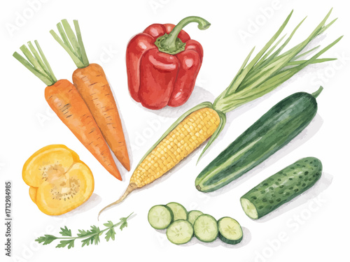 Still life watercolor painting featuring carrots, red pepper, corn, cucumbers, and yellow pepper