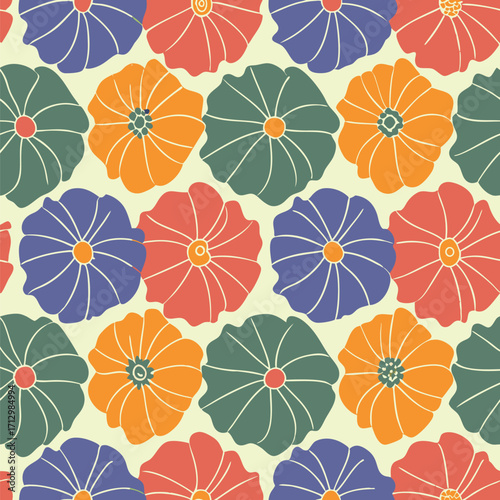A seamless repeating pattern of stylized chrysanthemum flowers in coral, teal, and orange hues on a pale yellow background.