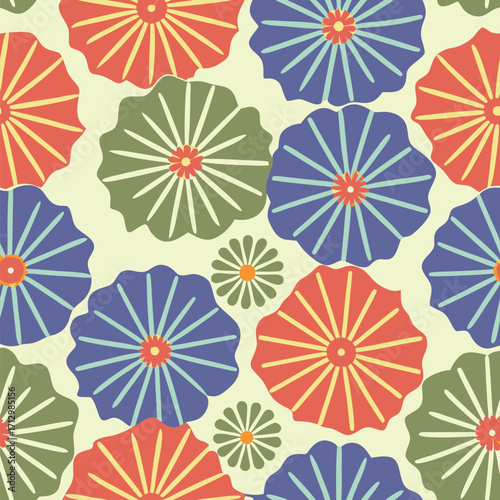 A seamless repeating pattern of stylized chrysanthemum flowers in coral, teal, and orange hues on a pale yellow background.
