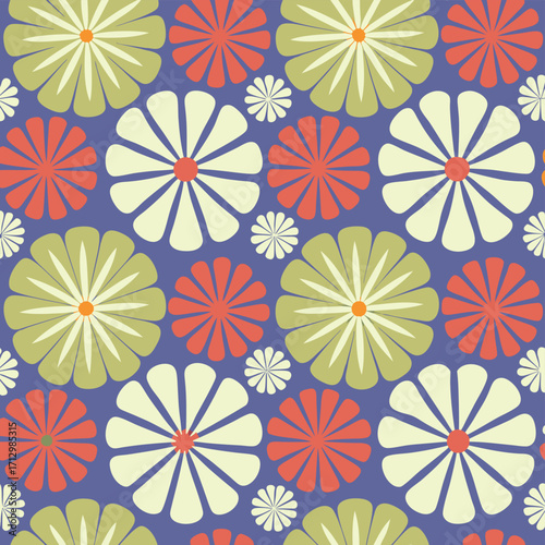 A seamless repeating pattern of stylized chrysanthemum flowers in coral, teal, and orange hues on a pale yellow background.