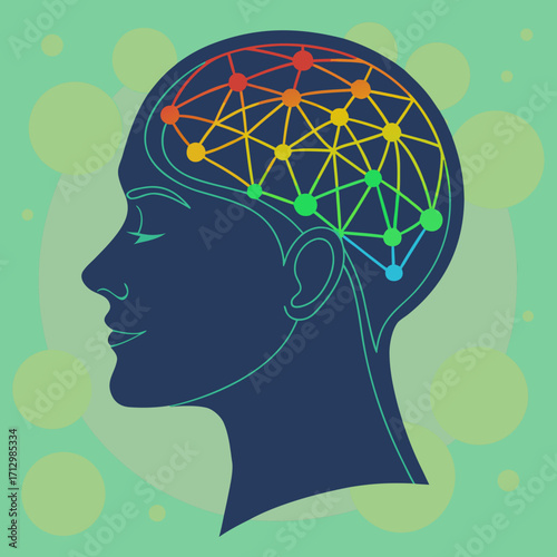 Abstract human head silhouette with colorful neural network