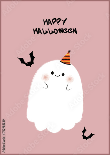 Halloween cute greeting card with ghost, happy halloween