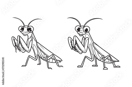 Two cartoon praying mantises with big eyes and grinning faces