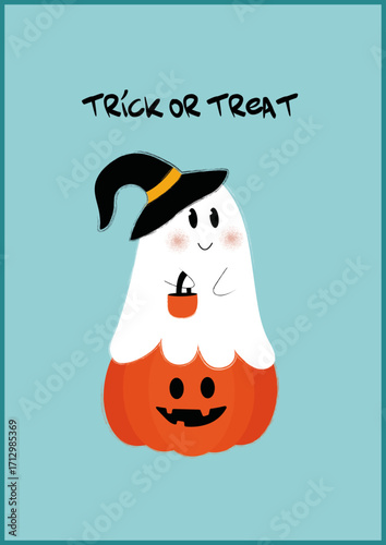 Halloween greeting card with cute ghost, happy halloween