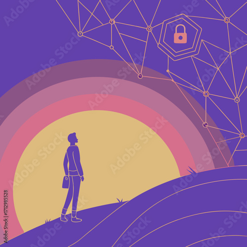 Man gazing at digital network and padlock icon