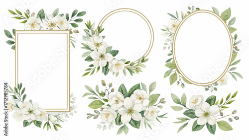 Floral frames and bouquets with white flowers and green leaves arranged in elegant designs on white background
