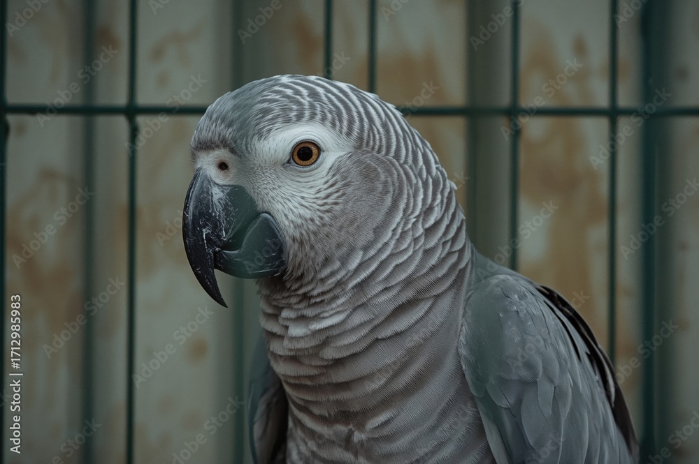 Fototapeta premium Large grey parrot with stripes communicating near its enclosure
