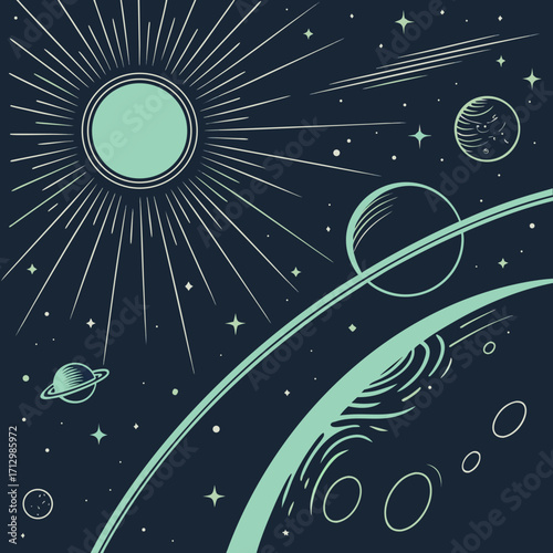 Cosmic celestial bodies and stars in a stylized space scene