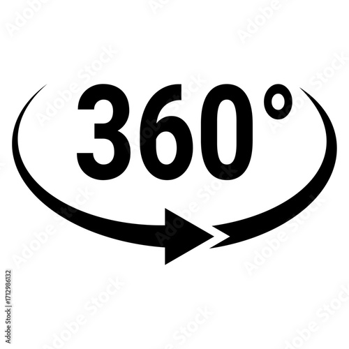 "Vector illustration of a 360-degree rotation icon with an arrow. Simple, clean graphic representing rotation, motion, virtual reality, and panoramic views."