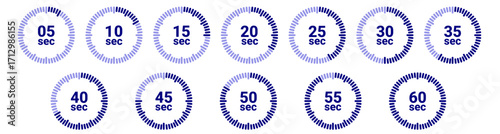 "Vector illustration of timer intervals with time markings from 5 to 60 seconds. Circular design for countdown, time tracking, or time management content."