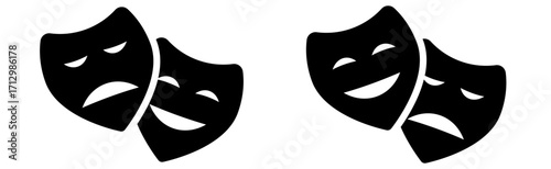 "Vector illustration of two classic comedy and tragedy masks side by side. Symbolizing emotions, theater, and performance arts, designed for dramatic and artistic content."