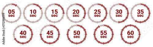 "Vector illustration of timer intervals with time markings from 5 to 60 seconds. Circular design for countdown, time tracking, or time management content."